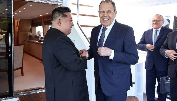 North Korean leader Kim Jong Un shakes hands with Russian Foreign Minister Sergei Lavrov during a meeting in Wonsan, North Korea, July 12, 2025.— Reuters
