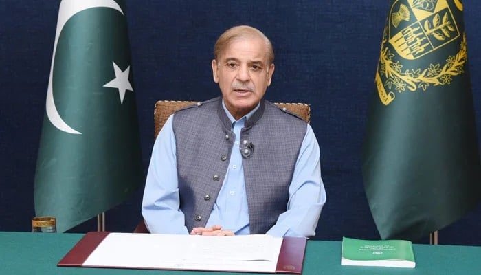 Prime Minister Shehbaz Sharif is addressing the nation on May 27, 2022. — Screengrab via Twitter/@abubakarumer