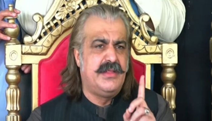 KP CM Ali Amin Gandapur addresses a press conference in Lahore on July 13, 2025. — Screengrab via Geo News