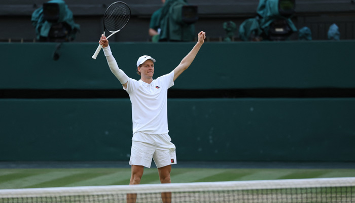 Italys Jannik Sinner celebrates after winning the mens singles final against Spains Carlos Alcaraz during Wimbledon at the All England Lawn Tennis and Croquet Club, London, Britain on July 13, 2025. — Reuters