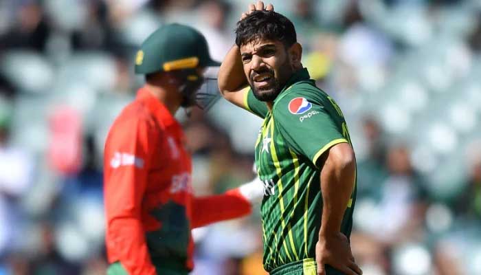 Haris Rauf of Pakistan looks on during the ICC Mens T20 World Cup match between Pakistan and Bangladesh at Adelaide Oval on November 06, 2022 in Adelaide, Australia. - ICC