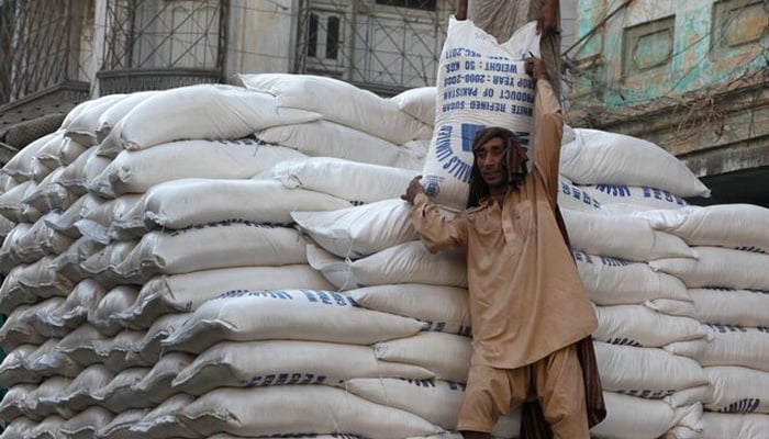 A labourer unloads bags of sugar from a delivery truck to a market in Karachi October 15, 2009. — Reuters