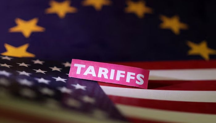 US and European Union flags and a tariffs label are seen in this illustration taken April 10, 2025