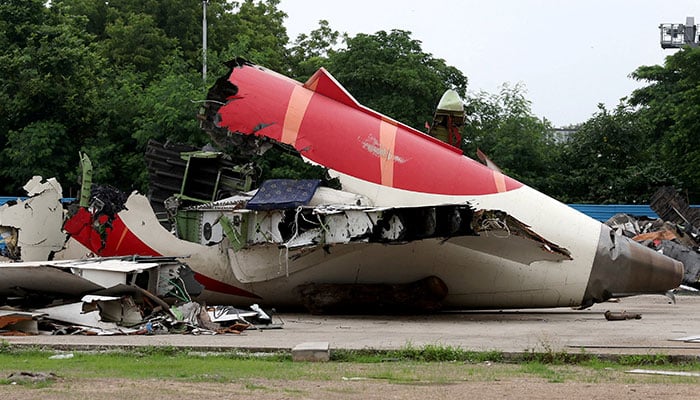 Wreckage of the Air India Boeing 787-8 Dreamliner plane sits on the open ground in Ahmedabad, India on July 12, 2025. — Reuters