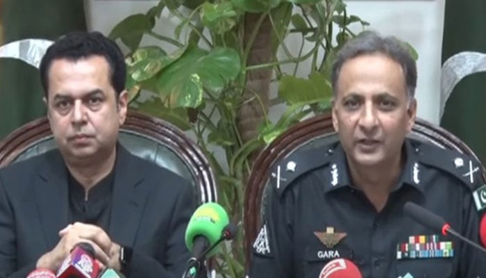 Minister of State for Interior Talal Chaudhry (left) speaks during a presser alongside FC Commandant  Riaz Nazir Gara on July 14, 2025. — Screengrab via Geo News