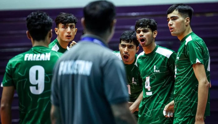 Pakistan players celebrate during the Group D match of the Asian U16 Volleyball Championship against Chinese Taipei in Thailand on July 14, 2025. — Pakistan Volleyball Federation