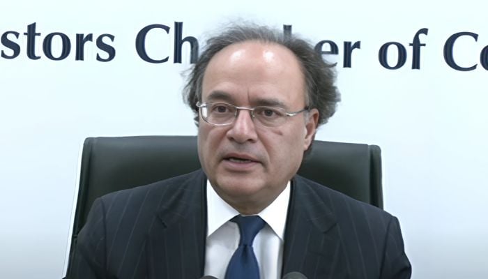 Finance Minister Muhammad Aurangzeb addresses conference in Karachi, Sindh, July 14, 2025. — Screengrab via YouTube/Geo News