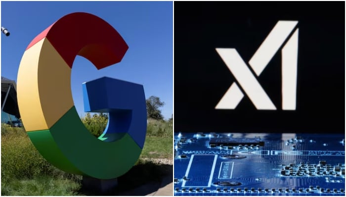 The logo of Google (left) is seen outside Google Bay View facilities in Mountain View, California, US August 13, 2024 and xAI logo is seen near computer motherboard in this illustration taken January 8, 2024. — Reuters/File