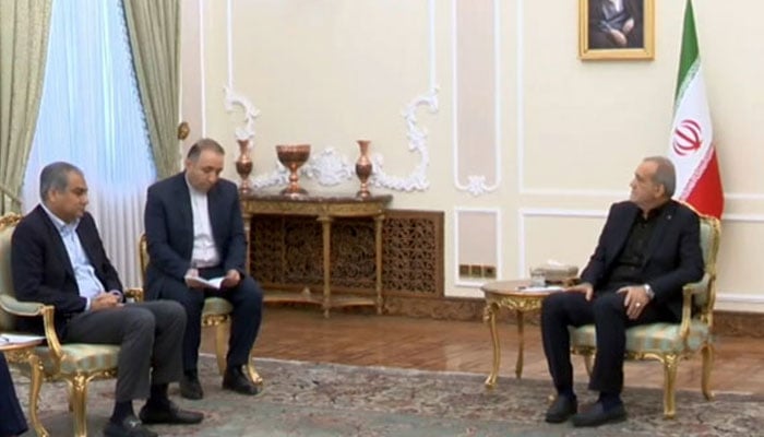 Interior Minister Mohsin Naqvi (left) meets Iranian President Masoud Pezeshkian on July 15, 2025. — Radio Pakistan