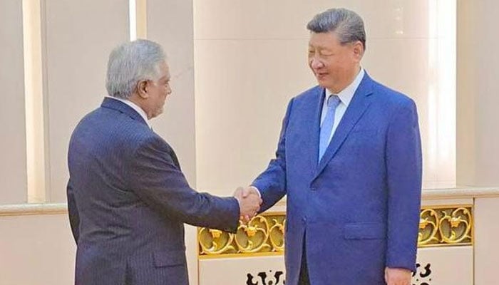 FM Ishaq Dar shakes hands with Chinese President Xi Jinping during SCO meeting in China on July 15, 2025. — X@ForeignOfficePk