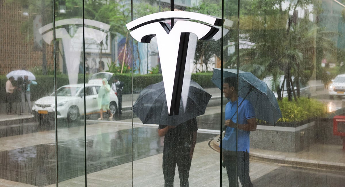 A view shows the TESLA logo at Indias first Tesla showroom in Mumbai, India, July 15, 2025. — Reuters