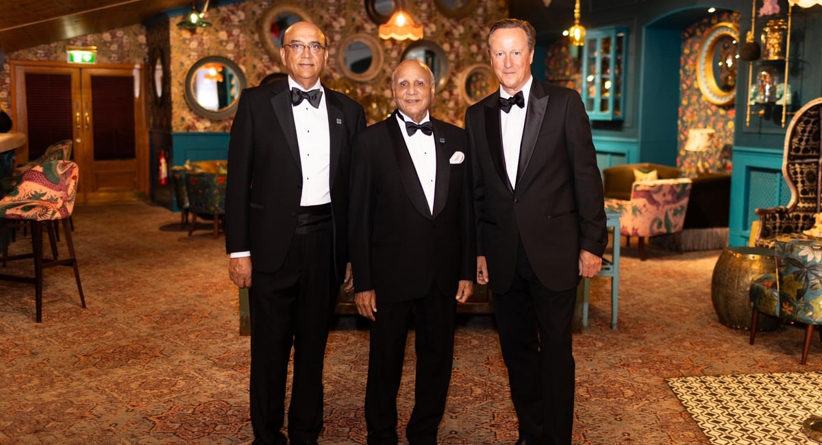 (From left) Chairman of Bestway Group Lord Zameer Choudrey CBE SI (Pk), Bestway Group founder Sir Anwar Pervez OBE, and former UK prime minister Lord David Cameron can be seen during the celebration of the 50th anniversary of Bestway at the Royal Albert Hall, London, Britain. — Reporter