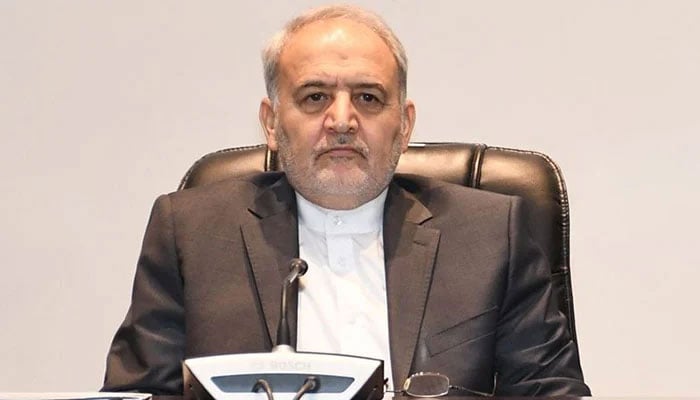 Irans Ambassador to Pakistan Reza Amiri Moghadam gestures during an event at the National Defence University in Islamabad in this image released on September 11, 2023. — NDU website