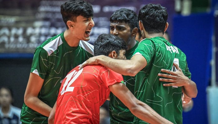 Pakistan players celebrate during the match against Indonesia at the Asian U16 Volleyball Championship in Thailand on July 16, 2025. - Pakistan Volleyball Federation
