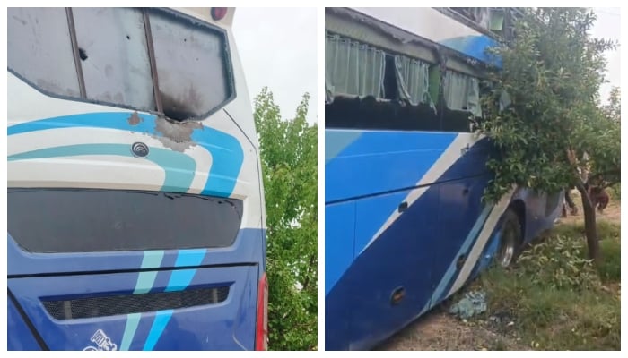 The passenger bus that came under fire in Kalat, on July 16, 2025. — Reporter