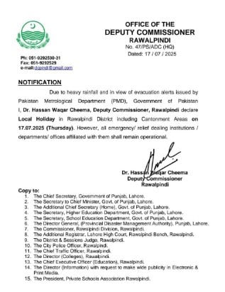 Holiday notification issued by Rawalpindi DC. — Reporter