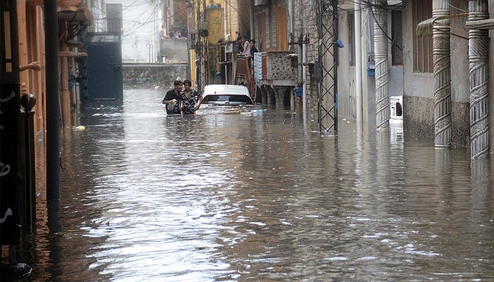 A view of flooded Arya Mohalla area in Rawalpindi during heavy monsoon rains July 17, 2025. — INP