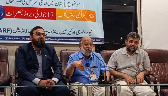 15% of Pakistani youth suffer from mental health disorders: expert 2 Neurology Awareness and Research Foundation President Dr Muhammad Wasay (centre) along with NARF General Secretary Dr Abdul Malik (right) and leading neurologist Dr Wajid Jawaid addressing a press conference at Karachi Press Club on occasion of World Brain Day on July 17, 2025. — Reporter