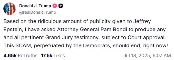 US President Donald Trumps post on Social media platform Truth Social on July 18, 2025. — Truth Social/@realDonaldTrump