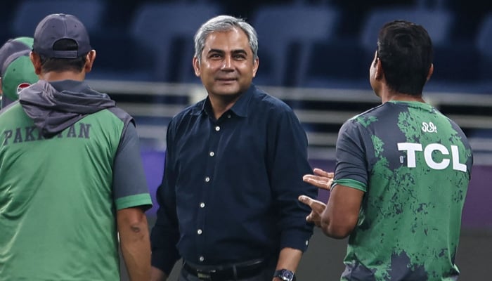 Pakistan´s Cricket Board (PCB) Mohsin Naqvi (C) speaks with the team members during a practice session at the Dubai International Stadium in Dubai on February 22, 2025, a day ahead of their ICC Champions Trophy one-day international (ODI) cricket match against India. — AFP