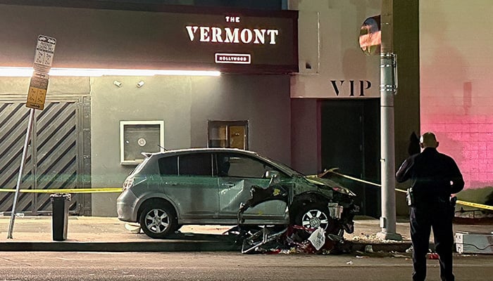 A vehicle that plunged into a crowd outside a nightclub, injuring dozens, is seen on Santa Monica Boulevard in the East Hollywood neighborhood of Los Angeles, California, US, July 19, 2025. — Reuters