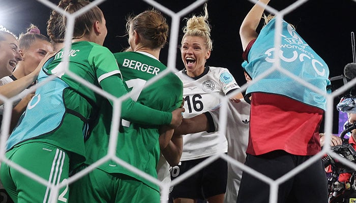 Germany’s Ann-Katrin Berger and Linda Dallmann celebrate with teammates after winning the penalty shootout against France in the UEFA Women’s Euro 2025 quarter-final at St Jakob-Park, Basel, Switzerland, on July 19, 2025. — Reuters