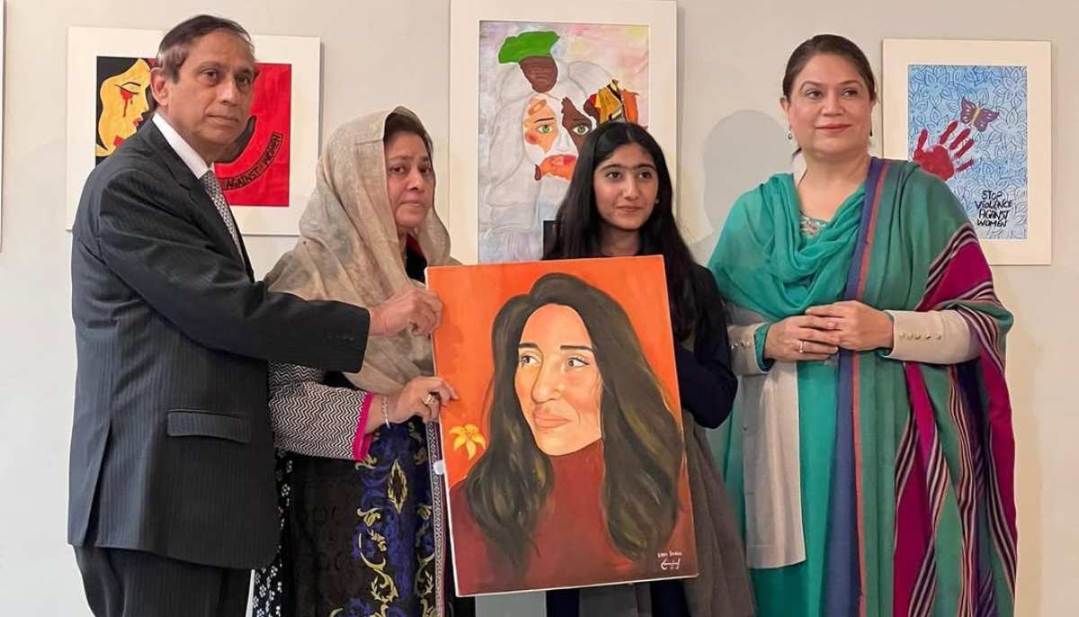 Former ambassador Shaukat Mukadam (left) with his wife Kausar poses for a photograph during an art exhibition celebrating Noor. — Instagram/@justicefor_noor