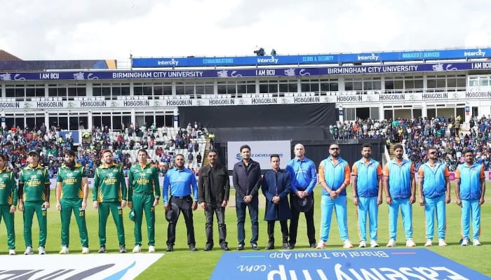 An undated picture of Pakistan and Champions team during the national anthem ahead of their World Championship of legends (WCL) 2024 match. —Instagram@Yuvraj Singh/File