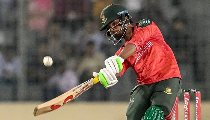 Bangladeshs Towhid Hridoy plays a shot during the first T20I match between Bangladesh and Pakistan at the Sher-e-Bangla National Cricket Stadium in Dhaka on July 20, 2025. —AFP