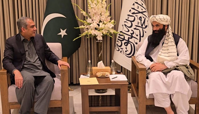 Interior Minister Mohsin Naqvi meets his Afghan counterpart Sirajuddin Haqqani in Kabul, Afghanistan, July 20, 2025. — State media