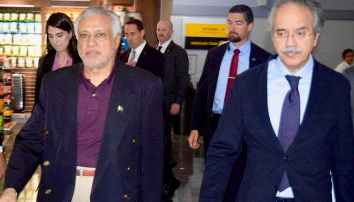 Pakistan’s permanent representative to the UN, Asim Iftikhar (Right), receives DPM Ishaq Dar upon his arrival in New York, July 21, 2025. — X@ForeignOfficePk