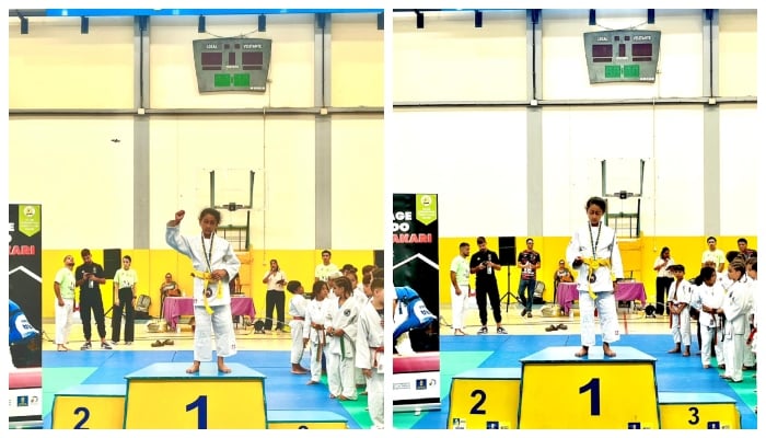 Jahanara Hassan celebrates after winning gold at the Grand Canaria, Spain Judo Cup.