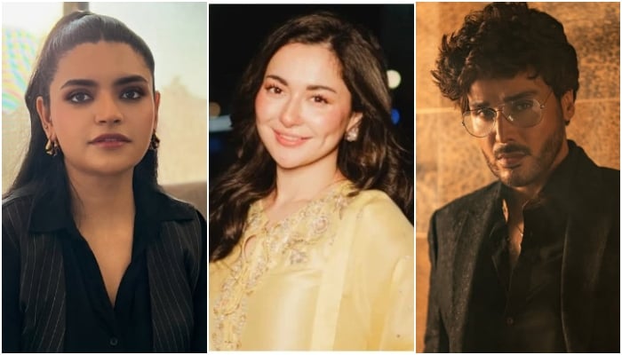 (From left to right) This collage shows showbiz stars Tamkenat Mansoor, Hania Aamir and Ahsan Khan. — Instagram/tamkenat/haniaheheofficial/khanahsanofficial