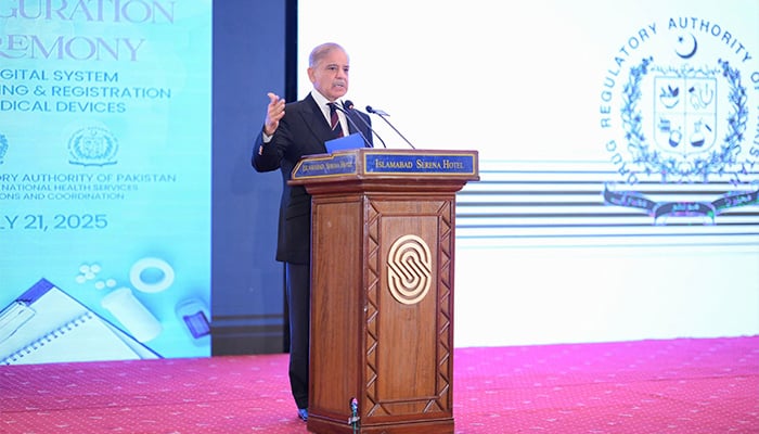 PM Shehbaz Sharif addresses the launching event of a digital system for licencing and registration of medical devices in Islamabad on July 21, 2025. — PID