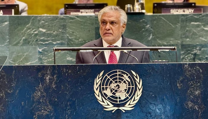 Deputy Prime Minister and Foreign Minister Ishaq Dar speaks at the high-level political forum on sustainable development at the United Nations, on July 21, 2025. — X@ForeignOfficePk