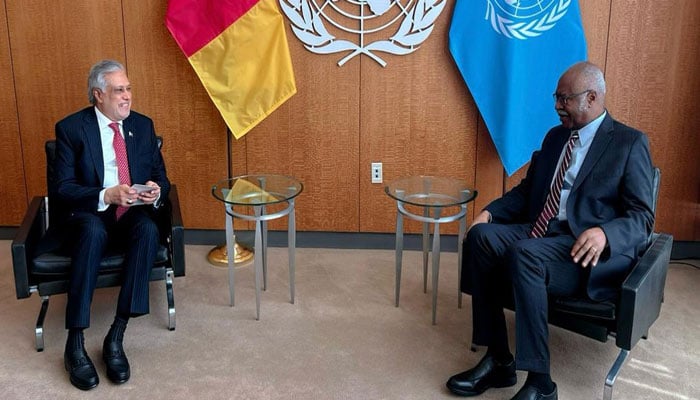 Deputy Prime Minister and Foreign Minister Senator Mohammad Ishaq Dar is seen in a meeting with the President of the United Nations General Assembly, Philemon Yang, in New York on July 21, 2025. — X@ForeignOfficePk