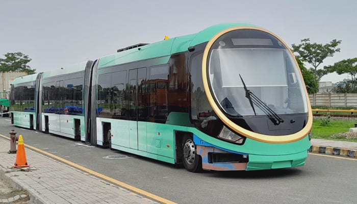 Three-box electric tram, which is set to be launched in Lahore, can be seen in this undated image. — X/@akram_fahim