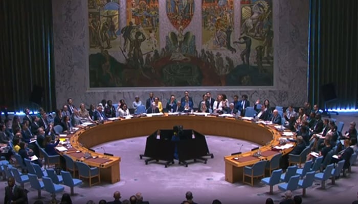 UN Security Council unanimously adopts a Pakistan-sponsored resolution urging member-states to take measures for the effective implementation of the 15-member bodys resolutions for peaceful settlement of disputes. — Screengrab via Radio Pakistan