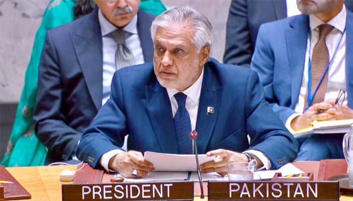 Deputy Prime Minister and Foreign Minister Senator Ishaq Dar addresses the UN Security Council session where he put forward a resolution on peaceful settlement of disputes. — Radio Pakistan