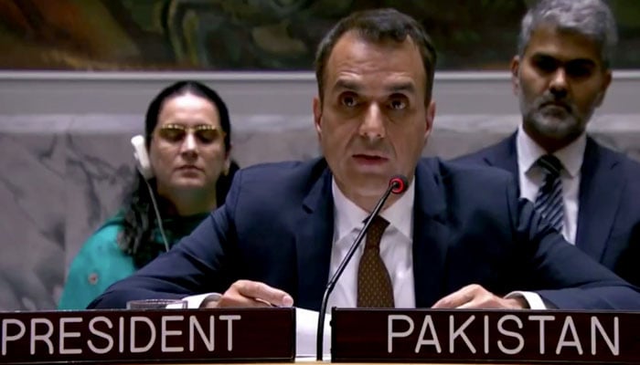 Deputy Permanent Representative of Pakistan to the UN Ambassador Usman Iqbal Jadoon speaks during UN debate, July 22, 2025. — Screengrab X/@PakistanUN_NY