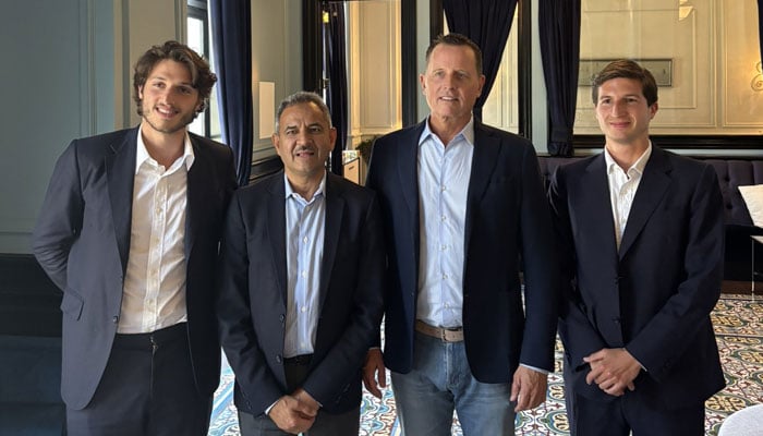 Pakistani American physician, Dr Asif Mahmood (centre left) pictured along with Kasim Khan (left) and Sulaiman Khan (right) and Richard Grenell in California, US, July 23, 2025. — X/@DrMahmood40