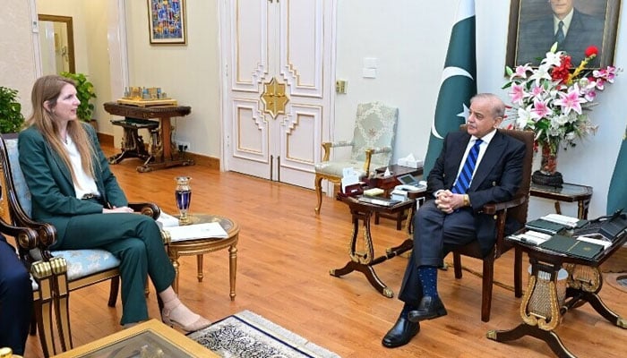 Prime Minister Shehbaz Sharif meets with British High Commissioner Jane Marriott in Islamabad on July 23. — X/@GovtofPakistan