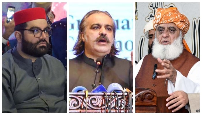 (From left) ANP President Aimal Wali Khan, KP Chief Minister Ali Amin Gandapur, and JUI-F Emir Maulana Fazlur Rehman. — APP/PPI/File