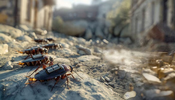A digital illustration released by Swarm Biotactics shows what they describe as cyborg cockroaches equipped with specialized backpacks that enable real-time data collection via cameras. — Reuters