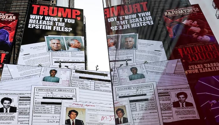 A screen about the Jeffrey Epstein files is displayed at Times Square in New York City, US, July 23, 2025. —Reuters