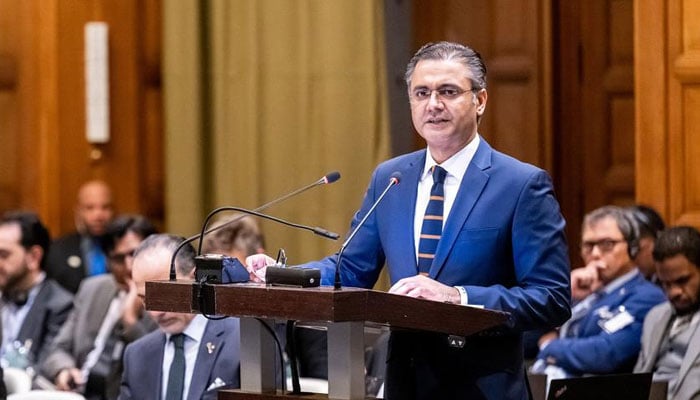 This undated picture shows Attorney General of Pakistan (AGP) Mansoor Usman Awan speaking at International Court of Justice (ICJ) hearing. — ICJ