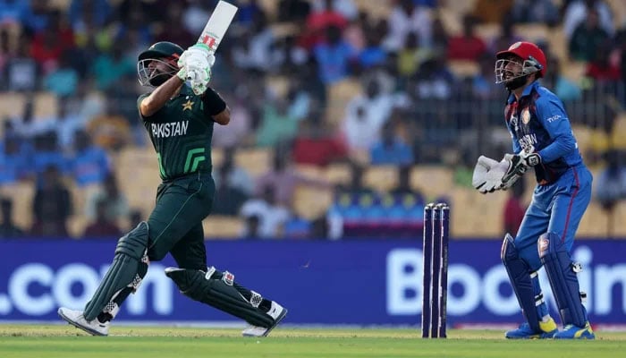 Pakistans Babar Azam plays a big shot during the ICC Men’s ODI World Cup match against Afghanistan in Chennai on October 23, 2023. — ICC