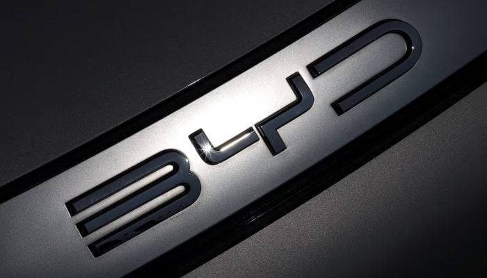 The logo of BYD is pictured on an electric car at a dealership in Reze near Nantes, France, March 27, 2025. — Reuters