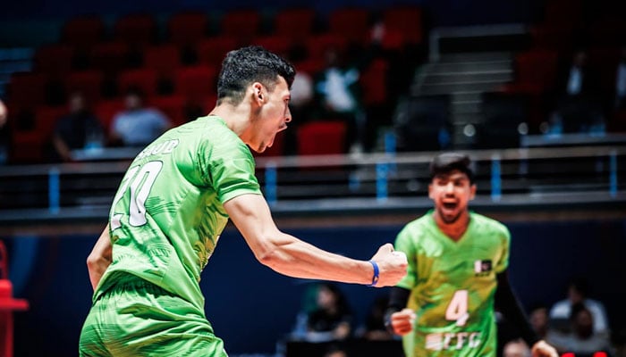 Pakistan players celebrate during their opening match of the U19 Volleyball World Championship against Belgium in Tashkent, Uzbekistan, on July 24, 2025. — FIVB