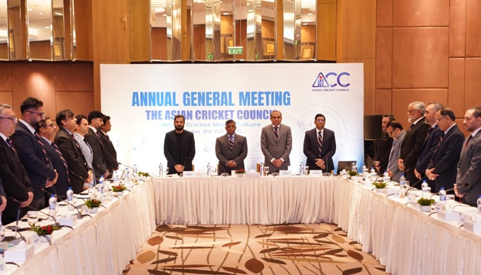 Asian Cricket Council President Mohsin Naqvi pictured with other cricket board representatives after the conclusion of the Annual General Meeting in Dhaka, Bangladesh on July 24, 2025. — X/@TheRealPCB